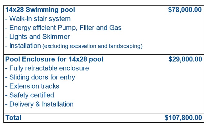 sample pricing on pool and enclosure